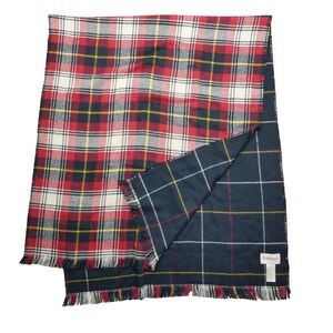 Barbour Scarf Mens One Size‎ Red Navy Plaid Acrylic Reversible Fringe Winter